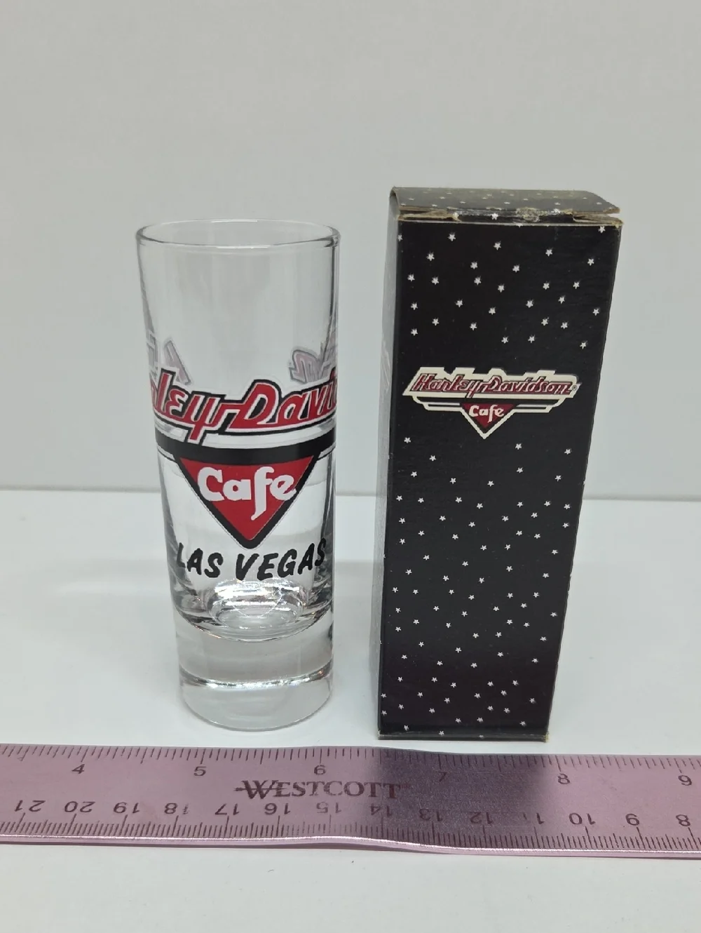Vintage Harley-Davidson Red & Black Cafe Las Vegas Shot Glass with Box